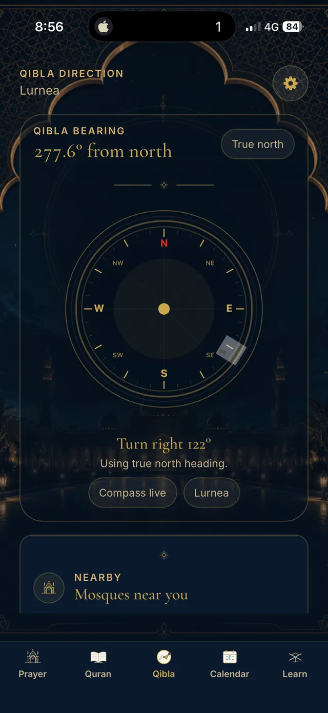 Falah Qibla screen showing the bearing from true north on the astrolabe compass